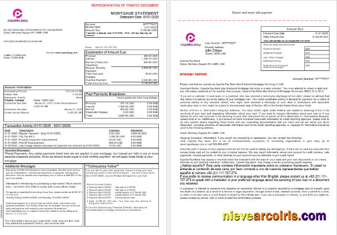 UAE Capella Pay bank mortgage statement, 3 pages 1-2